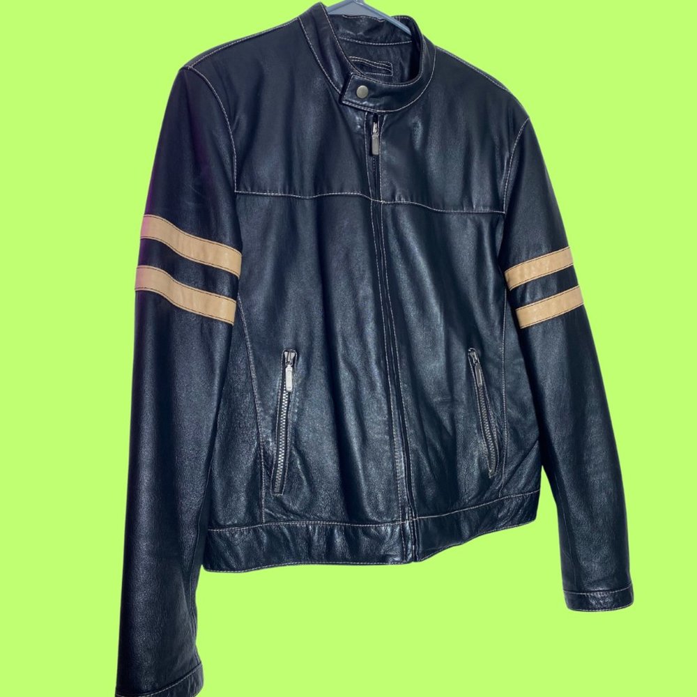 Vintage Black Leather Jacket w/ Tan Stripes 🖤🔥